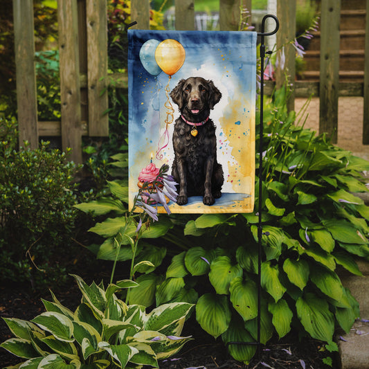 Curly Coated Retriever Happy Birthday Garden Flag –Dog Birthday Cupcake Yard Decor with Balloons