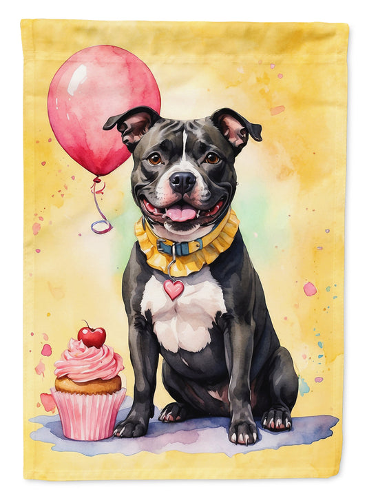 Staffordshire Bull Terrier Happy Birthday Garden Flag –Dog Birthday Cupcake Yard Decor with Balloons