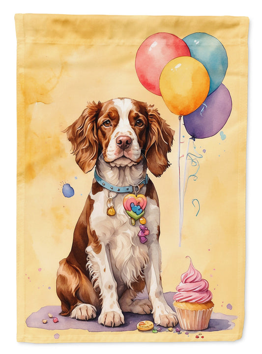 Welsh Springer Spaniel Happy Birthday Garden Flag –Dog Birthday Cupcake Yard Decor with Balloons