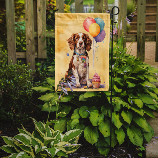 Welsh Springer Spaniel Happy Birthday Garden Flag –Dog Birthday Cupcake Yard Decor with Balloons