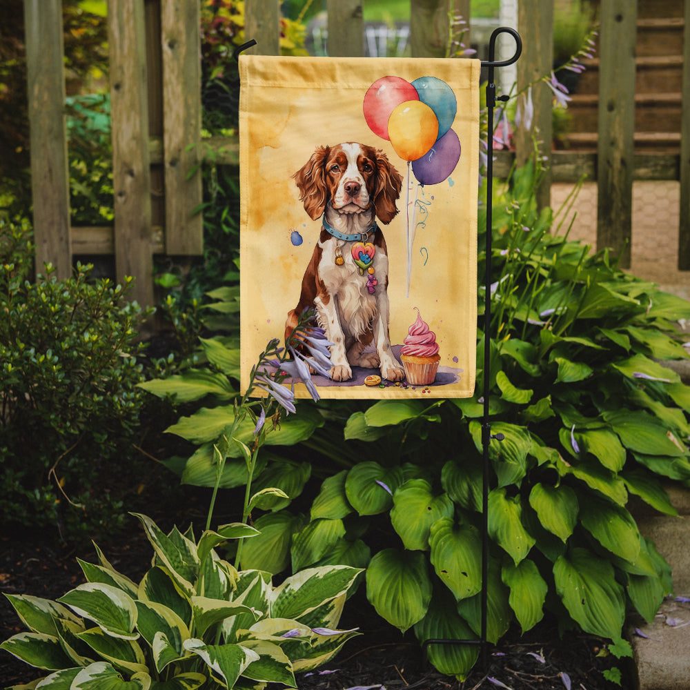 Welsh Springer Spaniel Happy Birthday Garden Flag –Dog Birthday Cupcake Yard Decor with Balloons