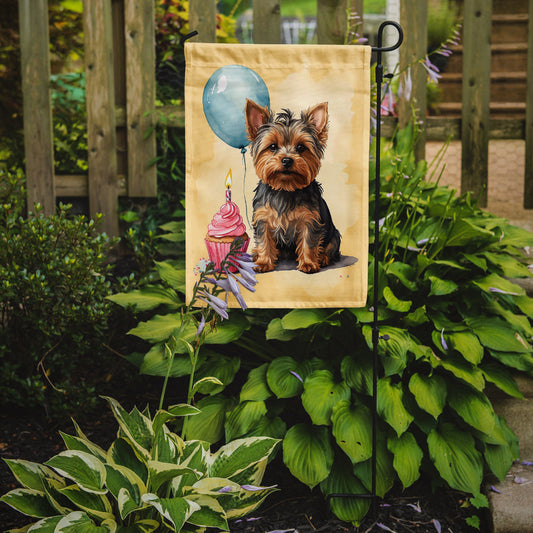 Yorkshire Terrier Happy Birthday Garden Flag –Dog Birthday Cupcake Yard Decor with Balloons