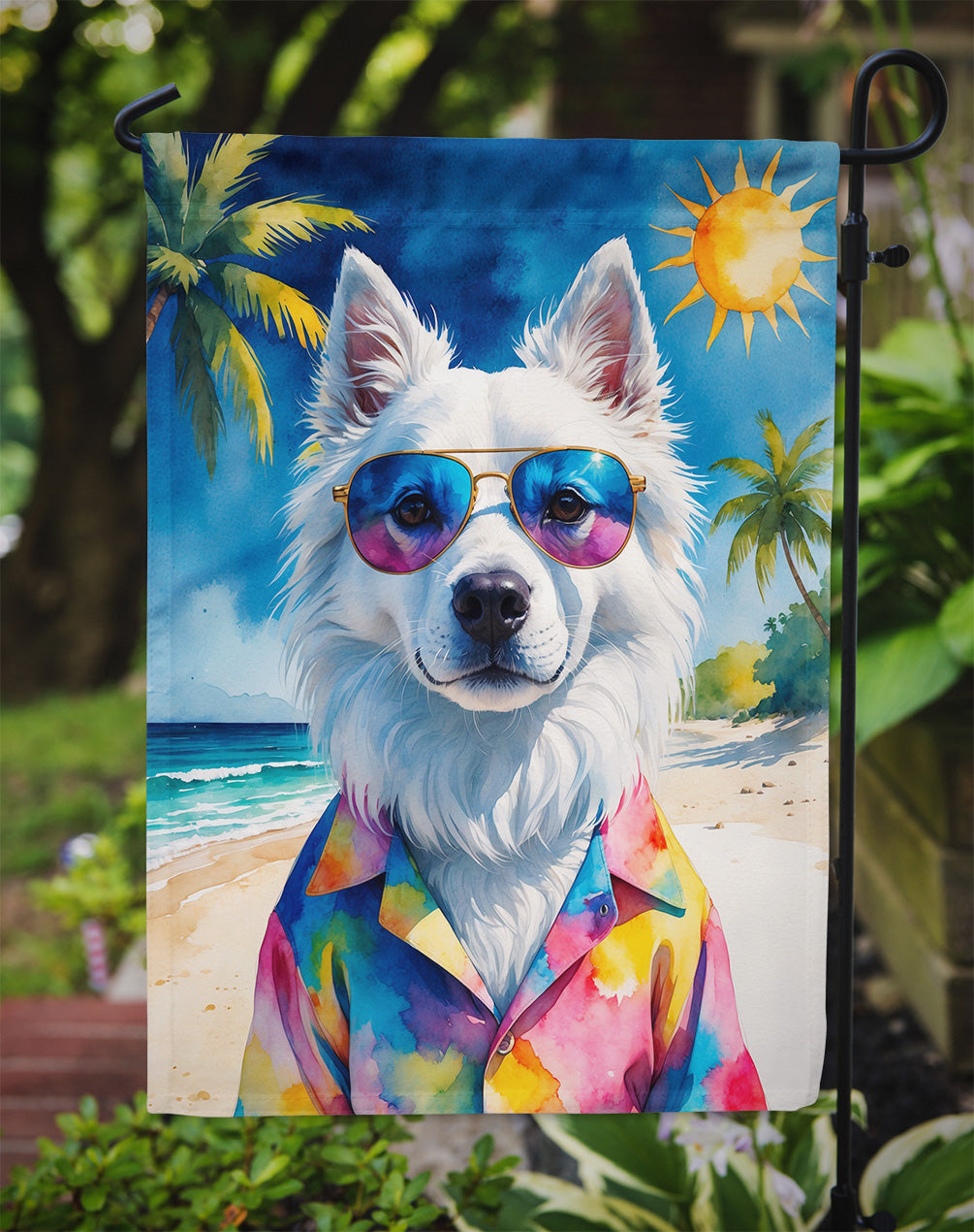 American Eskimo Summer Beach Time Garden Flag