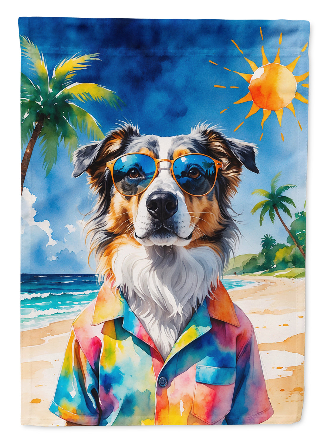 Australian Shepherd Summer Beach Time House Flag