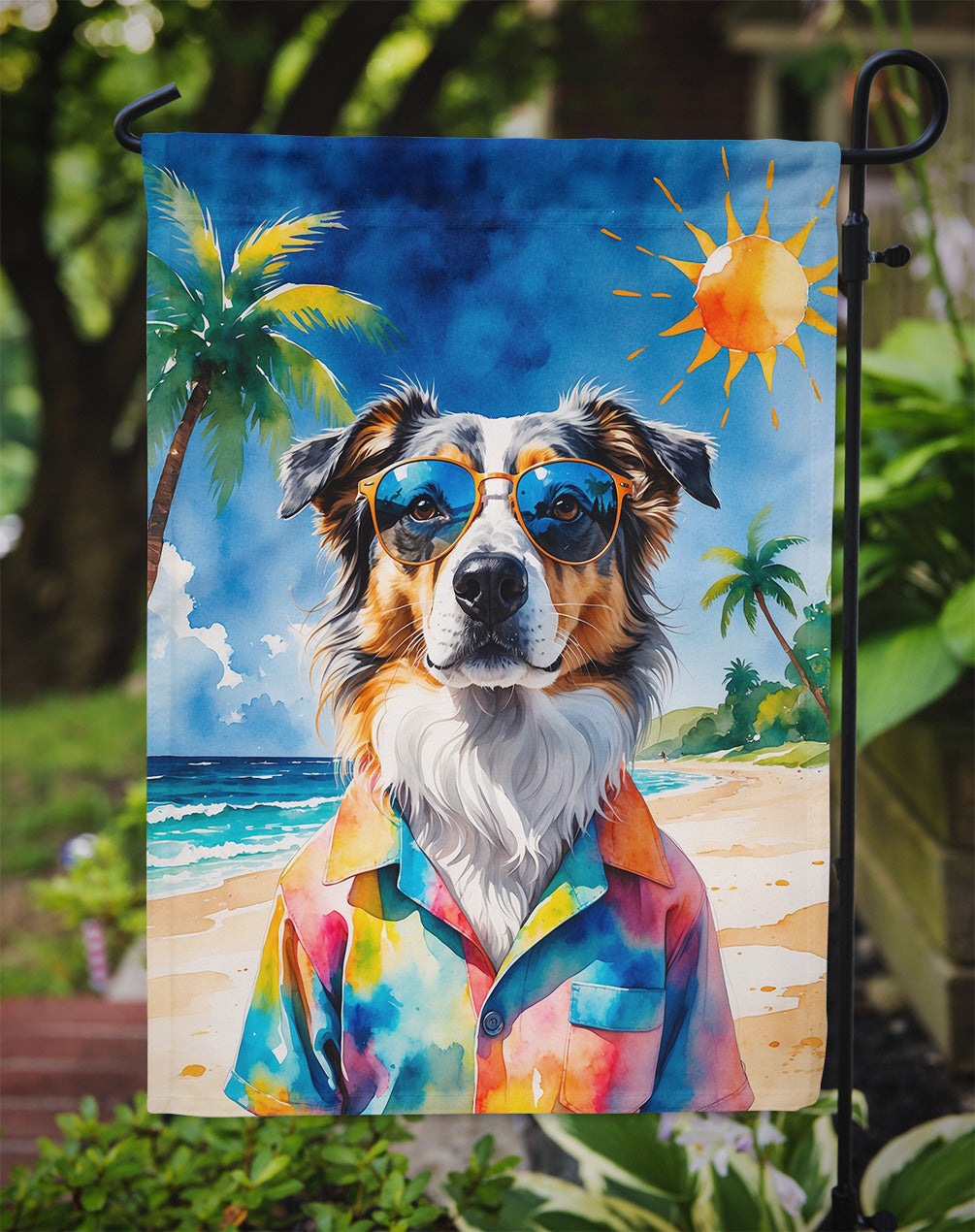 Australian Shepherd Summer Beach Time Garden Flag