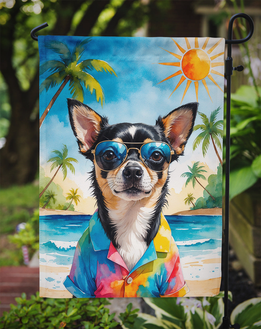 Black and Tan Chihuahua Summer Beach Time Garden Flag