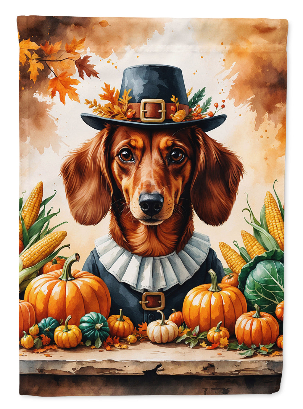 Red Brown Dachshund Thanksgiving House Flag