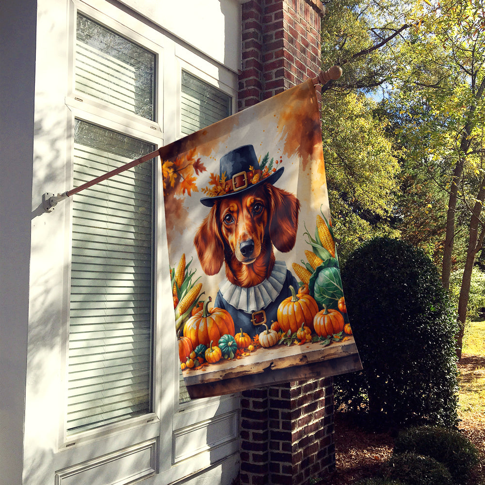 Red Brown Dachshund Thanksgiving House Flag