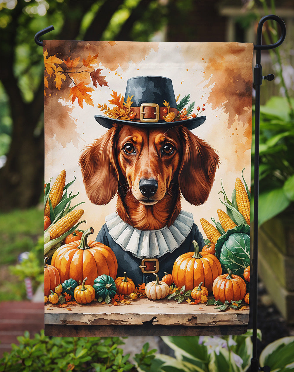 Red Brown Dachshund Thanksgiving Garden Flag