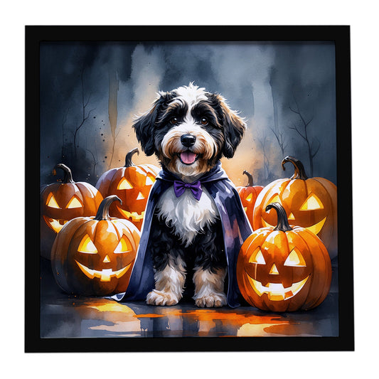Bernedoodle Puppy Halloween Framed Metal Print