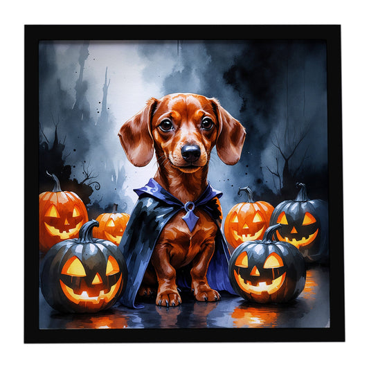 Red Dachshund Puppy Halloween Framed Metal Print