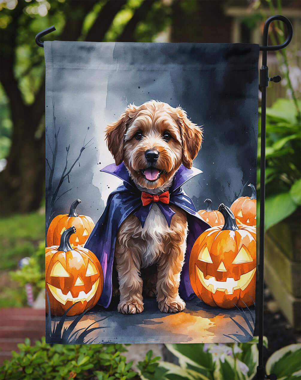 Chocolate Labradoodle Puppy Halloween Garden Flag