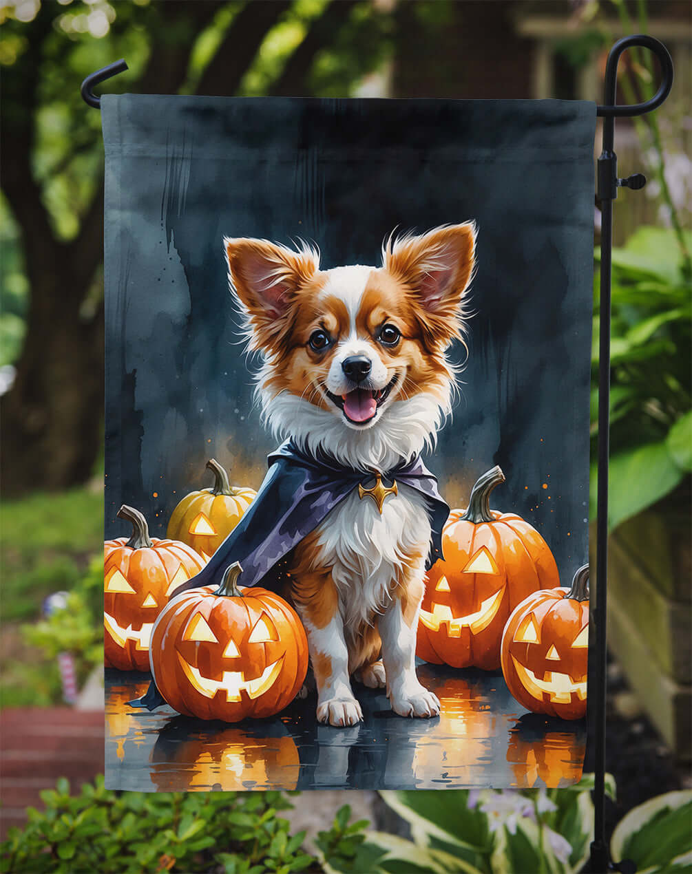 Papillon Puppy Halloween Garden Flag