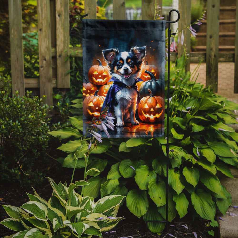 Tricolor Papillon Puppy Halloween Garden Flag
