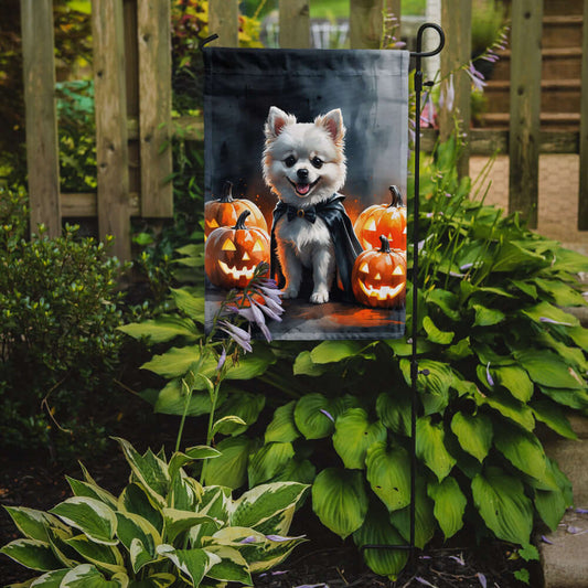White Pomeranian Puppy Halloween Garden Flag