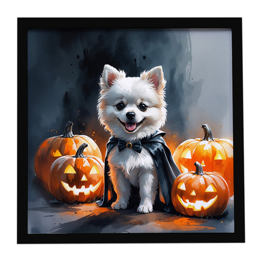 White Pomeranian Puppy Halloween Framed Metal Print