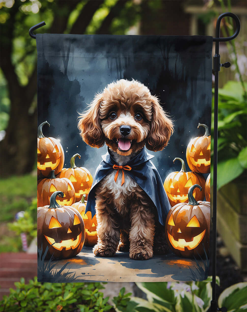 Chocolate Poodle Puppy Halloween Garden Flag