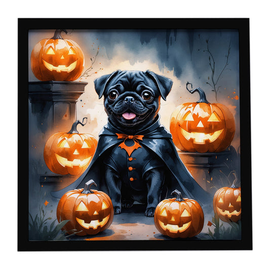 Black Pug Puppy Halloween Framed Metal Print