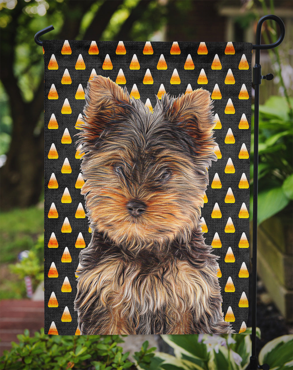 Candy Corn Halloween Yorkie Puppy / Yorkshire Terrier Garden Flag – Decorative Outdoor Yard Flag KJ1216GF