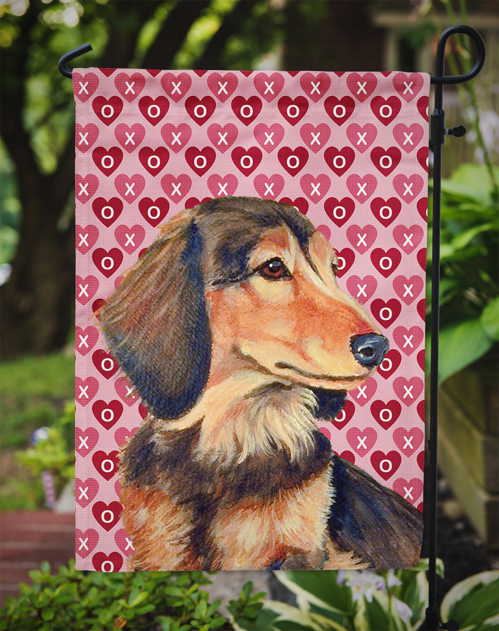 Dachshund Hearts Love and Valentine's Day Portrait Garden Flag – Decorative Outdoor Yard Flag