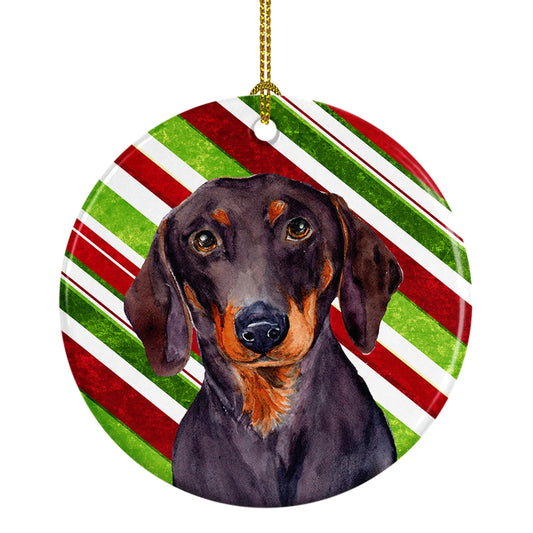 Dachshund Candy Cane Holiday Christmas Ornament - Round Ceramic Ornament – Artist-Designed Keepsake Decoration LH9223