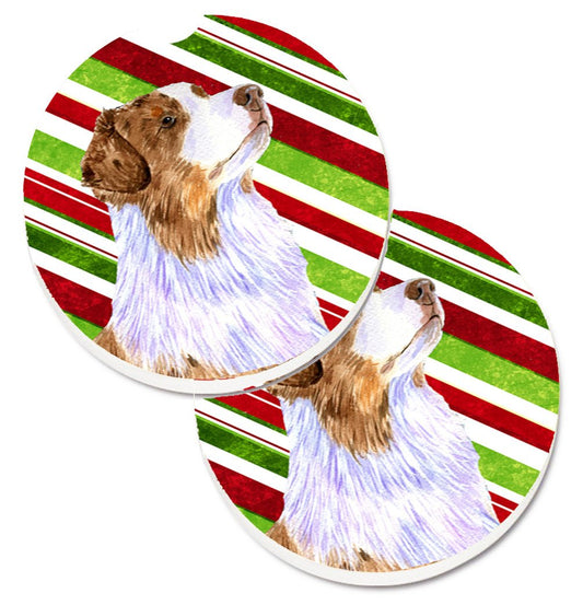 Australian Shepherd Candy Cane Holiday Christmas Car Coasters – Set of 2 - Absorbent Stone with Fun & Functional Artwork LH9228CARC