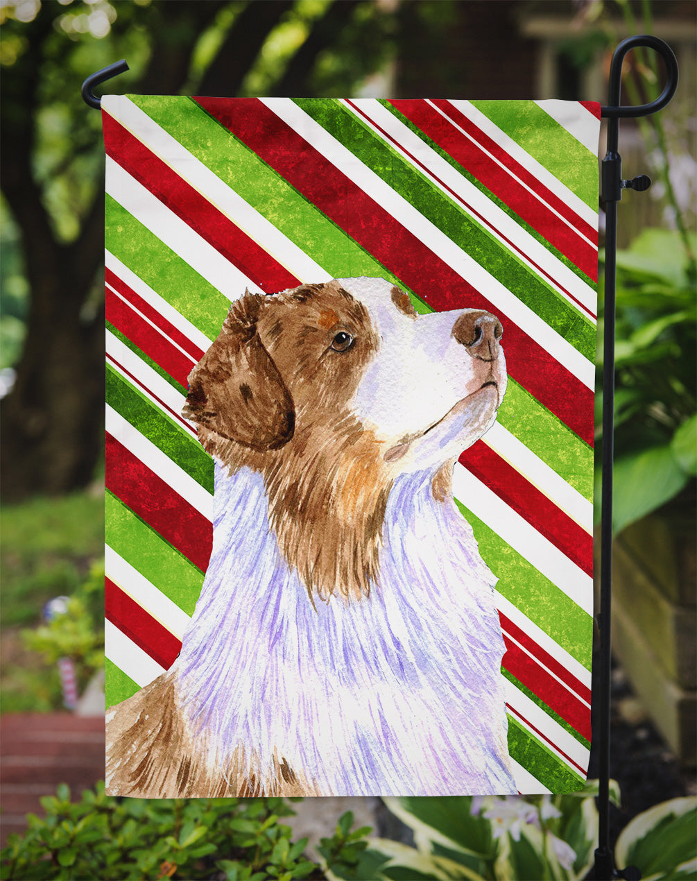Australian Shepherd Candy Cane Holiday Christmas  Garden Flag – Decorative Outdoor Yard Flag
