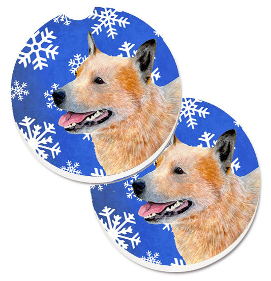 Australian Cattle Dog Winter Snowflakes Holiday Car Coasters – Set of 2 - Absorbent Stone with Fun & Functional Artwork LH9272CARC