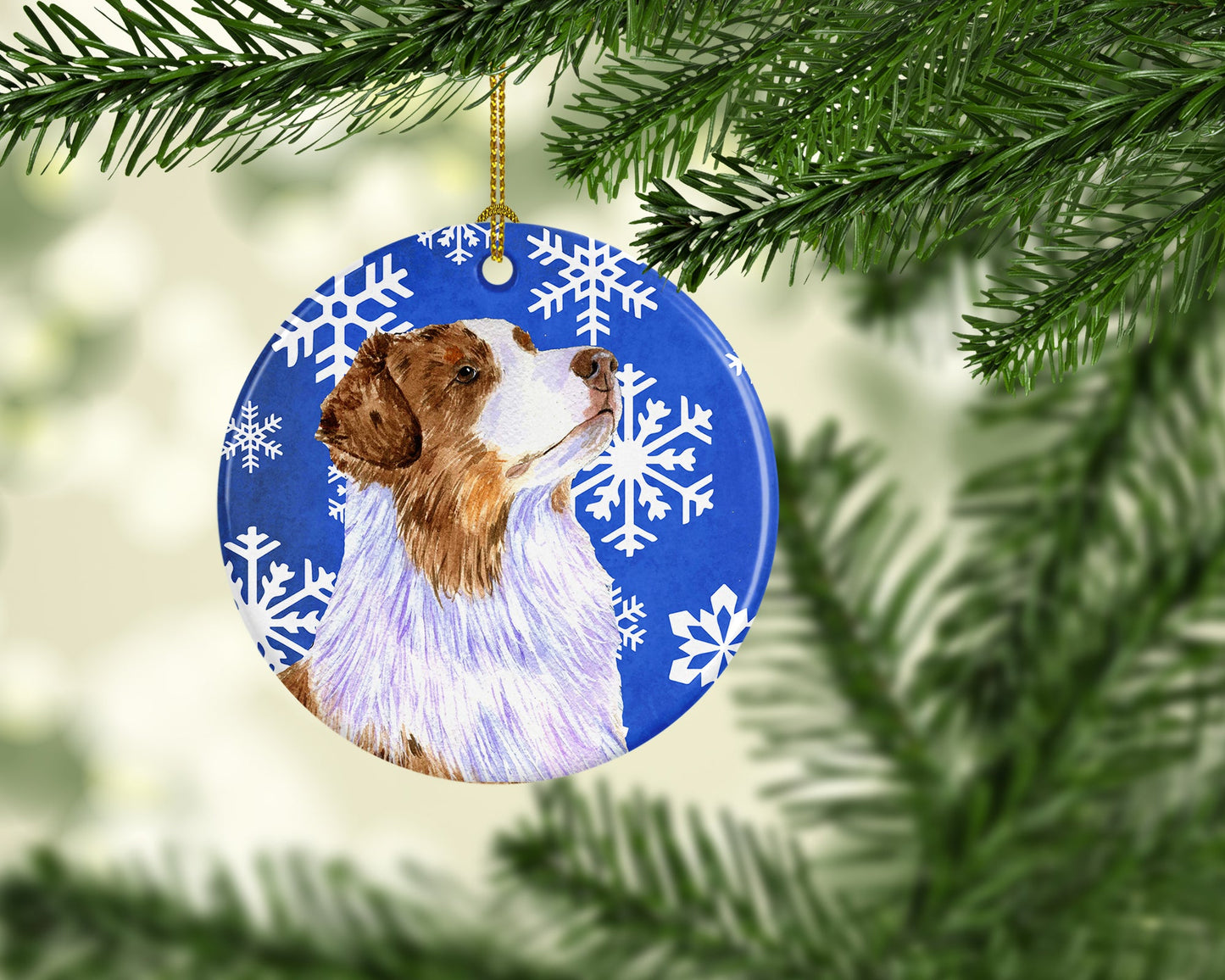 Australian Shepherd Winter Snowflake Holiday Ornament - Round Ceramic Ornament – Artist-Designed Keepsake Decoration LH9273