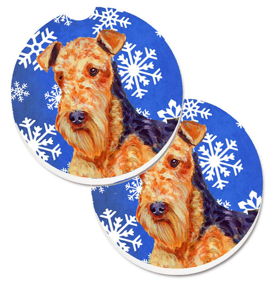 Airedale Winter Snowflakes Holiday Car Coasters – Set of 2 - Absorbent Stone with Fun & Functional Artwork LH9291CARC