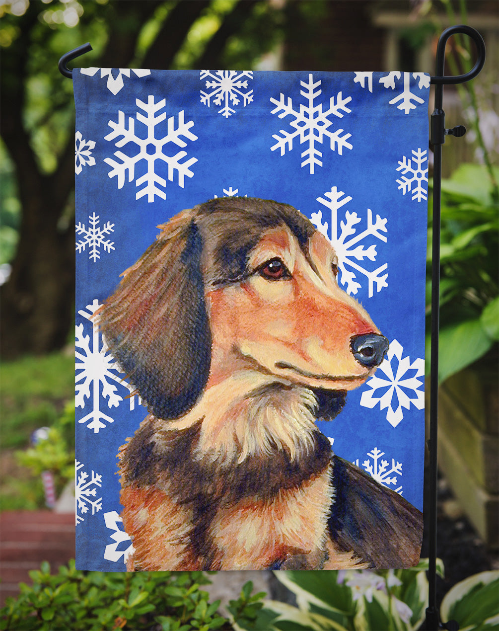 Dachshund Winter Snowflakes Holiday Garden Flag – Decorative Outdoor Yard Flag