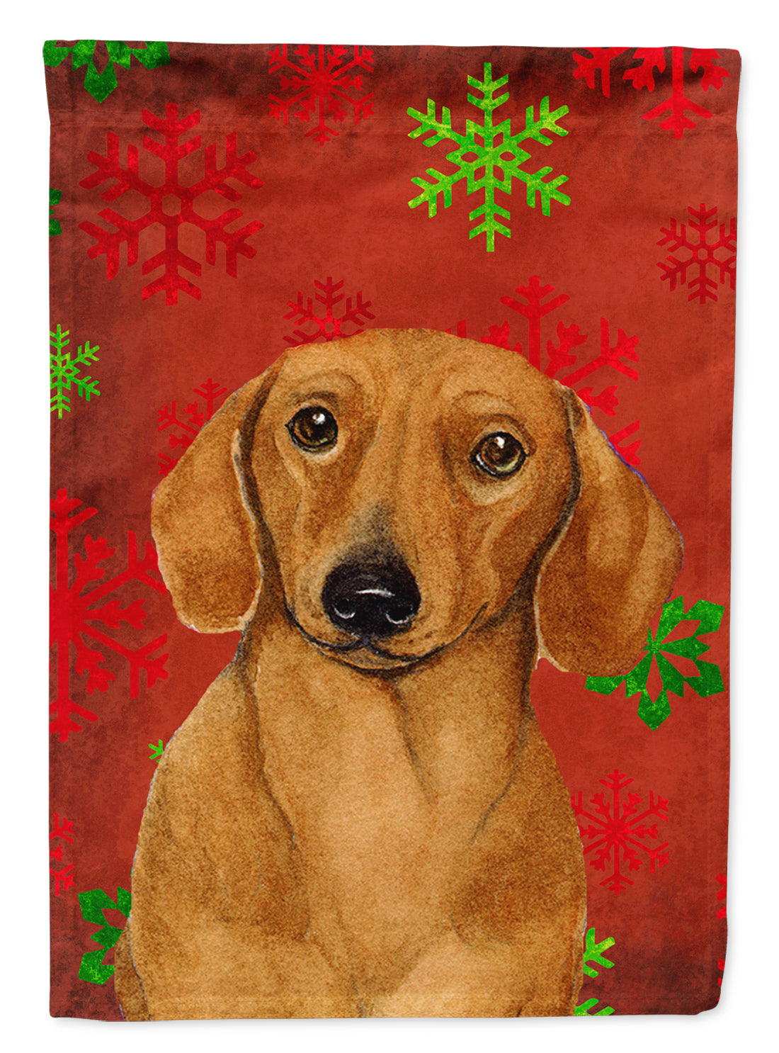 Dachshund Red and Green Snowflakes Holiday Christmas Garden Flag – Decorative Outdoor Yard Flag
