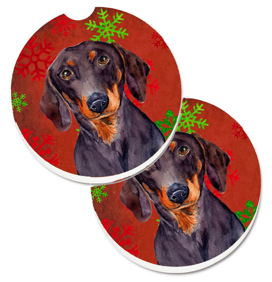 Dachshund Red and Green Snowflakes Holiday Christmas Car Coasters – Set of 2 - Absorbent Stone with Fun & Functional Artwork LH9313CARC