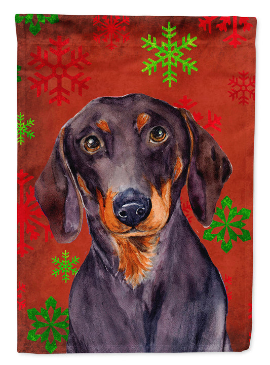 Dachshund Red and Green Snowflakes Holiday Christmas Garden Flag – Decorative Outdoor Yard Flag