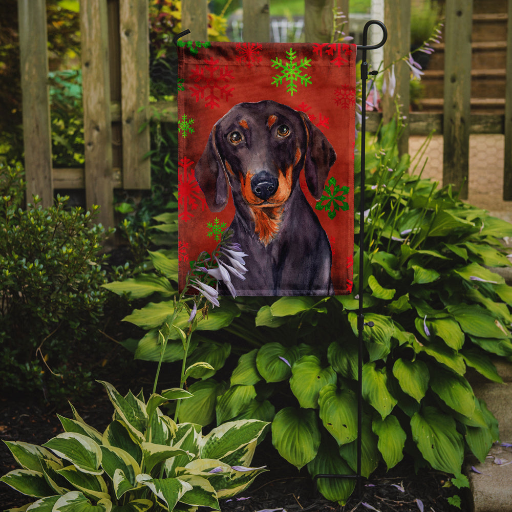Dachshund Red and Green Snowflakes Holiday Christmas Garden Flag – Decorative Outdoor Yard Flag