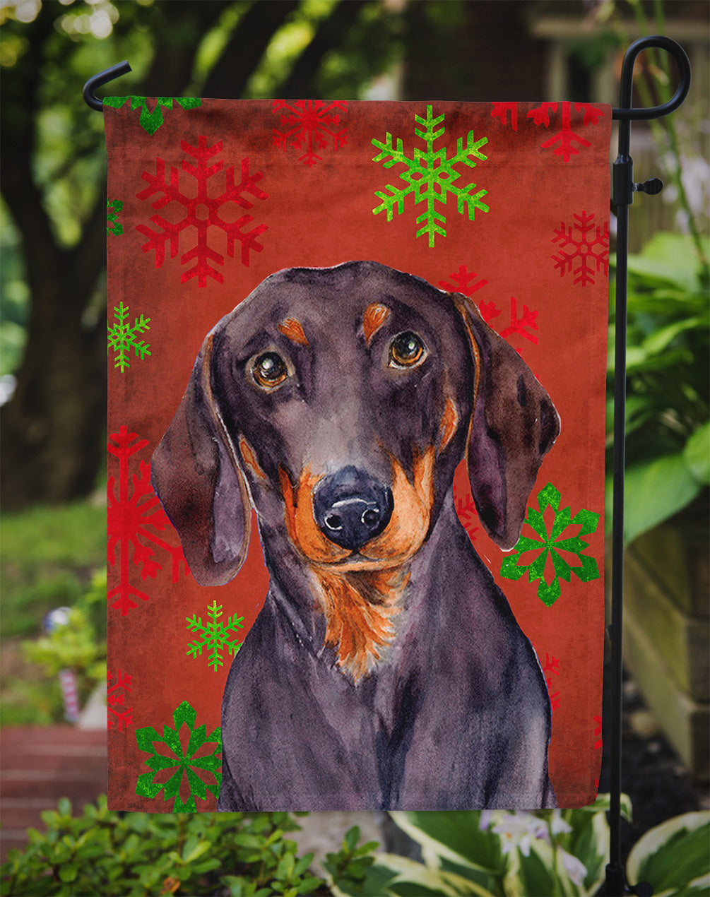 Dachshund Red and Green Snowflakes Holiday Christmas Garden Flag – Decorative Outdoor Yard Flag