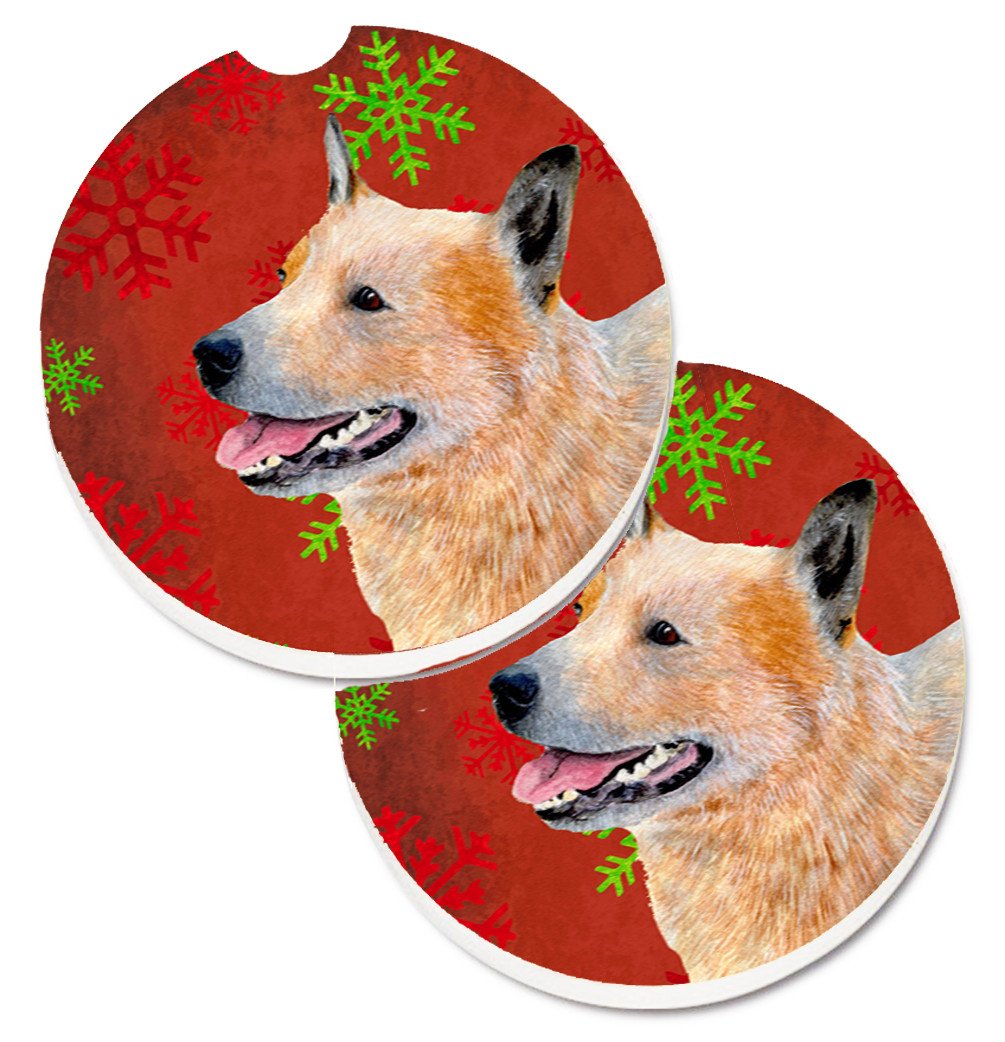 Australian Cattle Dog Red Green Snowflakes Christmas Car Coasters – Set of 2 - Absorbent Stone with Fun & Functional Artwork LH9317CARC
