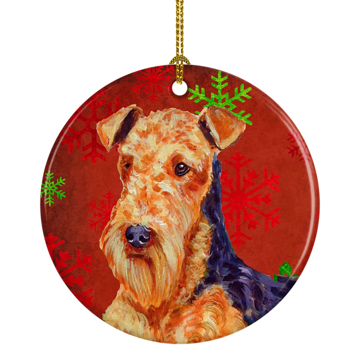Airedale Red Snowflake Holiday Christmas Ornament - Round Ceramic Ornament – Artist-Designed Keepsake Decoration LH9336