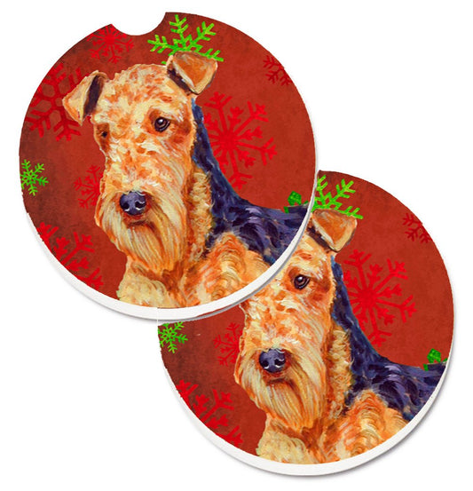 Airedale Red and Green Snowflakes Holiday Christmas Car Coasters – Set of 2 - Absorbent Stone with Fun & Functional Artwork LH9336CARC