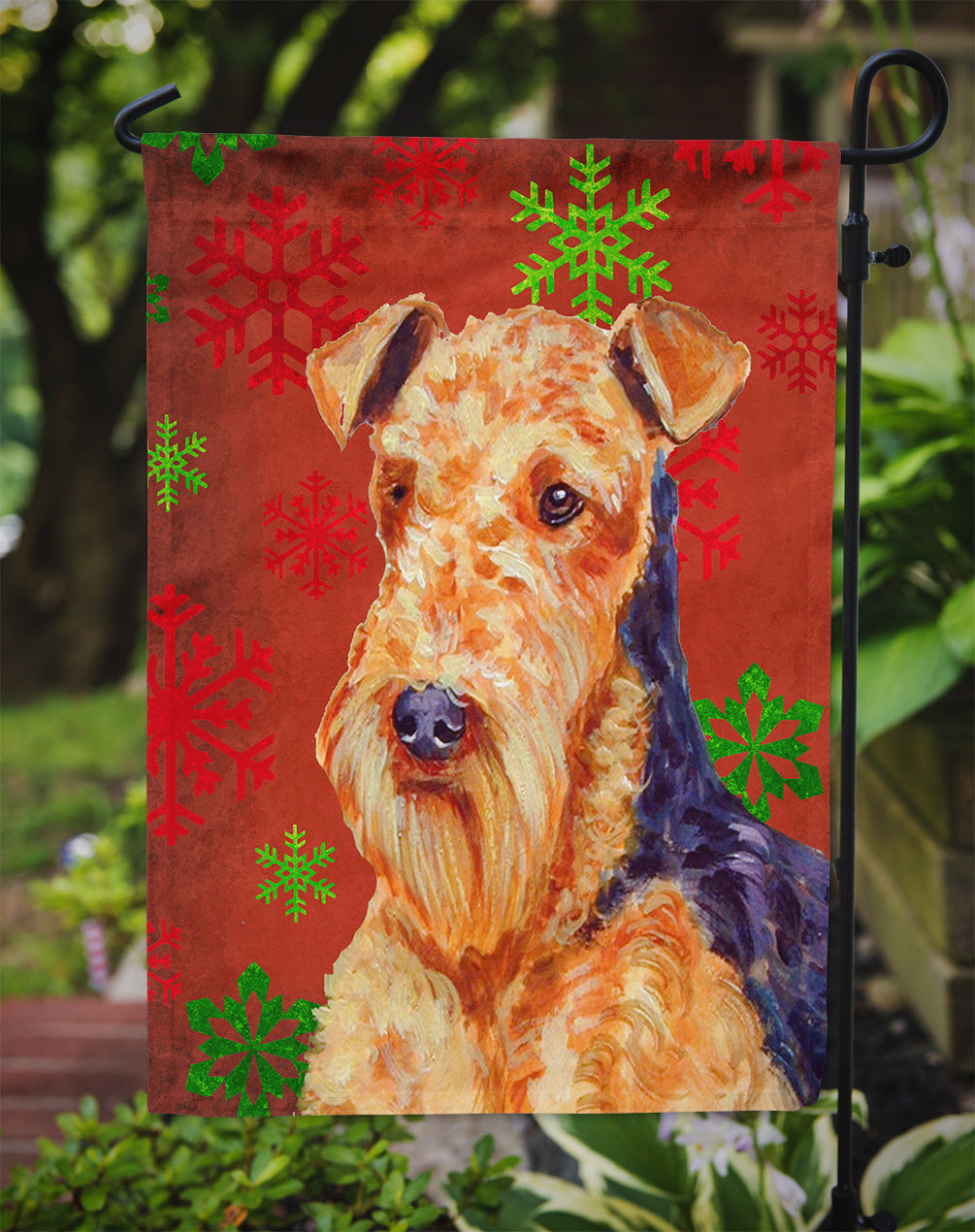 Airedale Red and Green Snowflakes Holiday Christmas Garden Flag – Decorative Outdoor Yard Flag