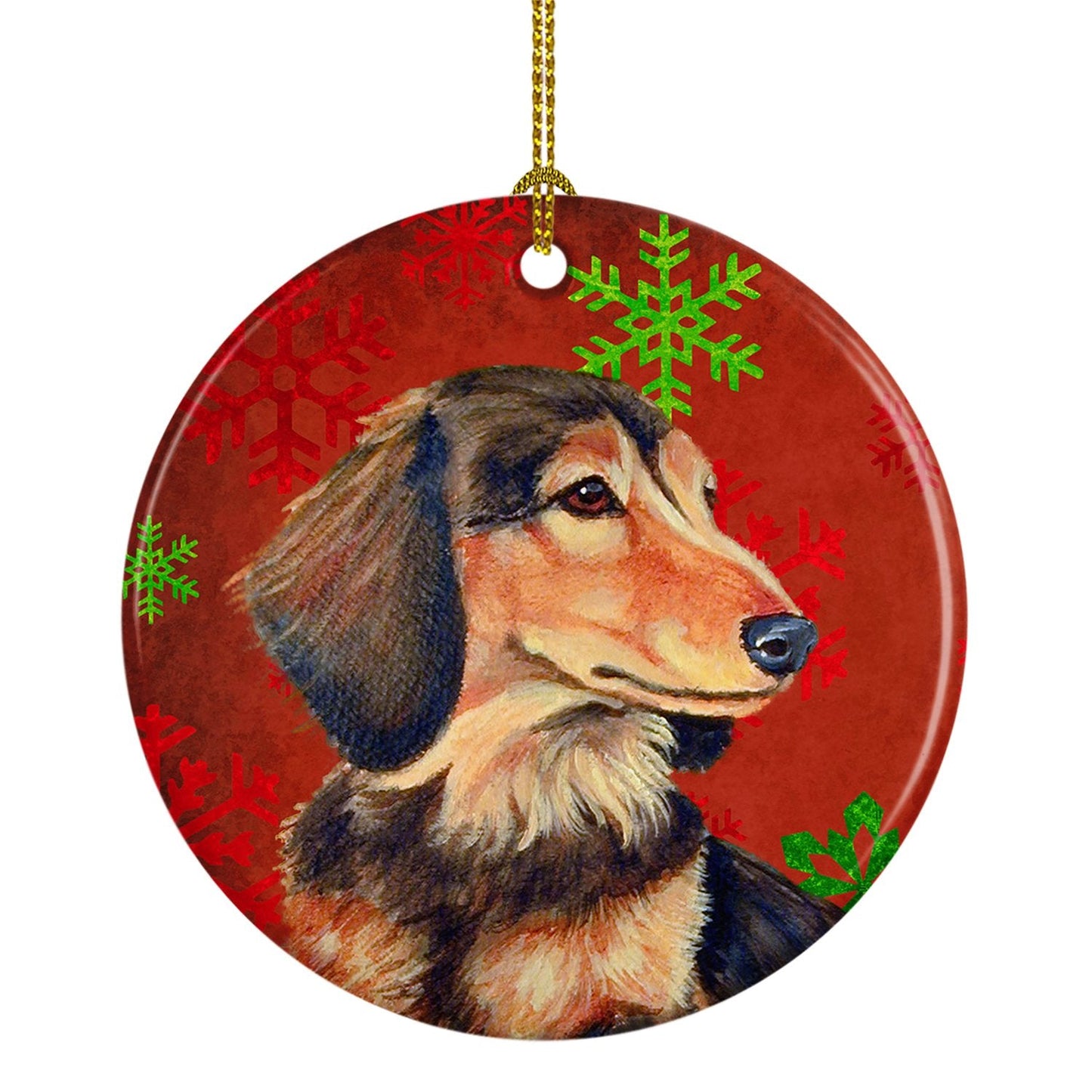 Dachshund Red Snowflake Holiday Christmas Ornament - Round Ceramic Ornament – Artist-Designed Keepsake Decoration LH9346