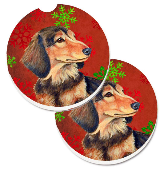 Dachshund Red and Green Snowflakes Holiday Christmas Car Coasters – Set of 2 - Absorbent Stone with Fun & Functional Artwork LH9346CARC