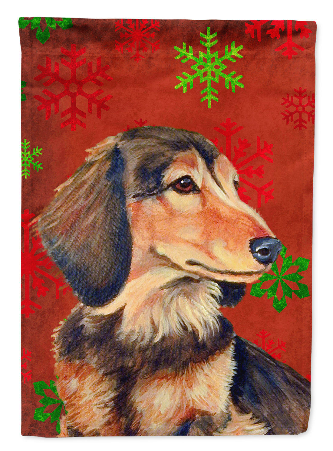 Dachshund Red and Green Snowflakes Holiday Christmas Garden Flag – Decorative Outdoor Yard Flag