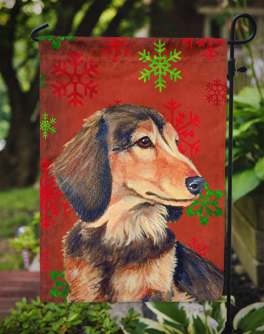 Dachshund Red and Green Snowflakes Holiday Christmas Garden Flag – Decorative Outdoor Yard Flag