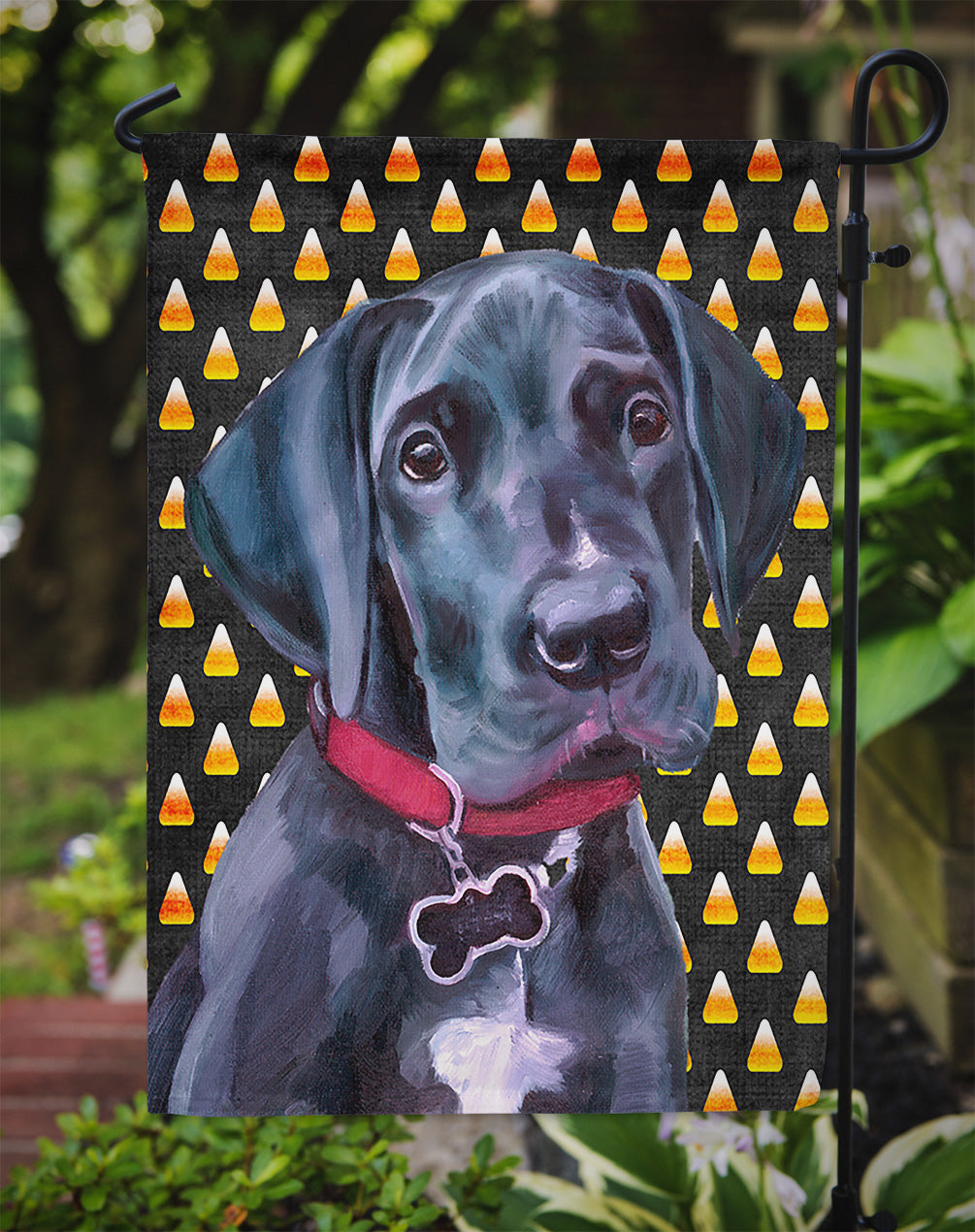 Black Great Dane Puppy Candy Corn Halloween Garden Flag - Outdoor Decorative Yard Flag