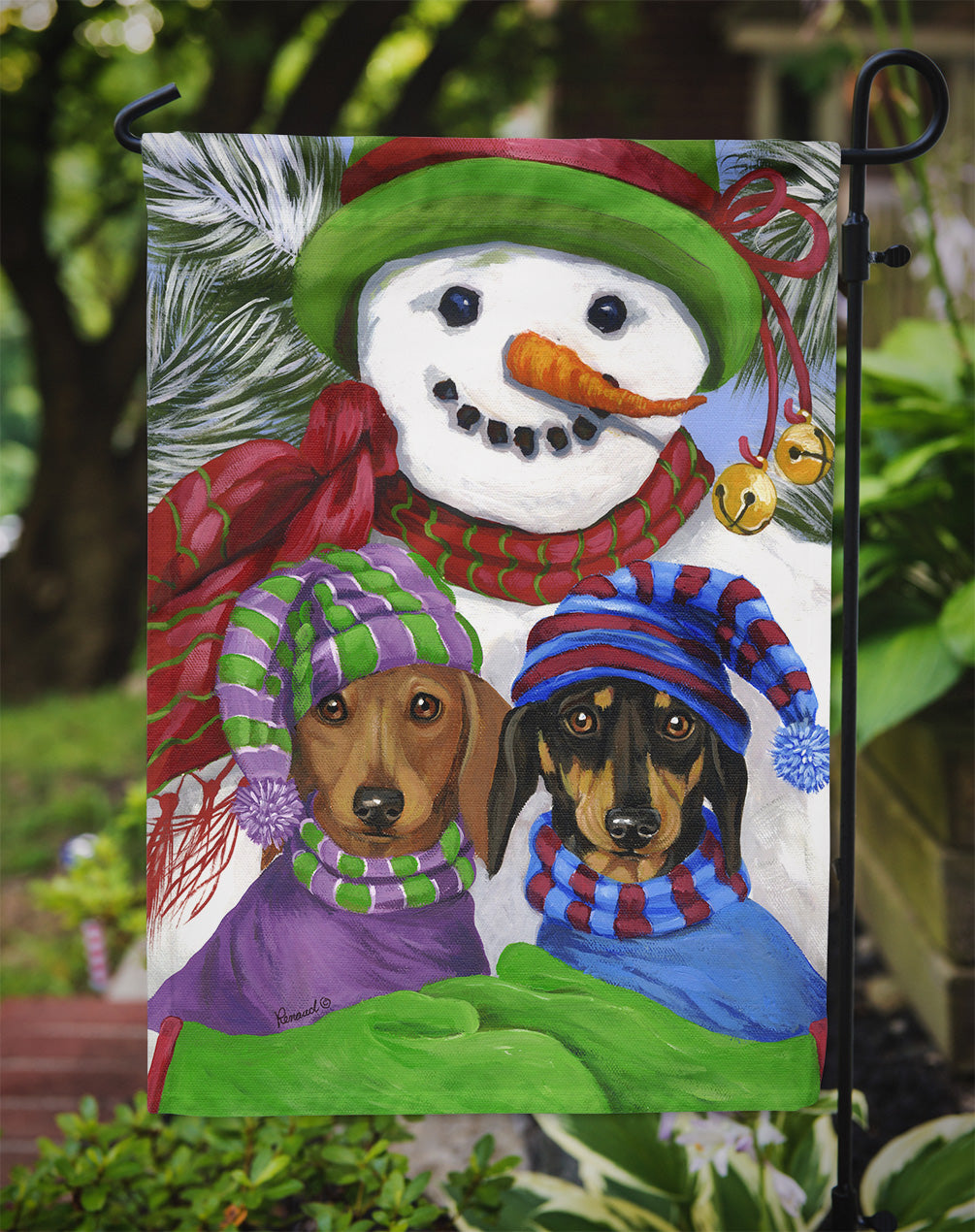 Dachshund Christmas Frosty and Company Garden Flag – Decorative Outdoor Yard Flag PPP3081GF