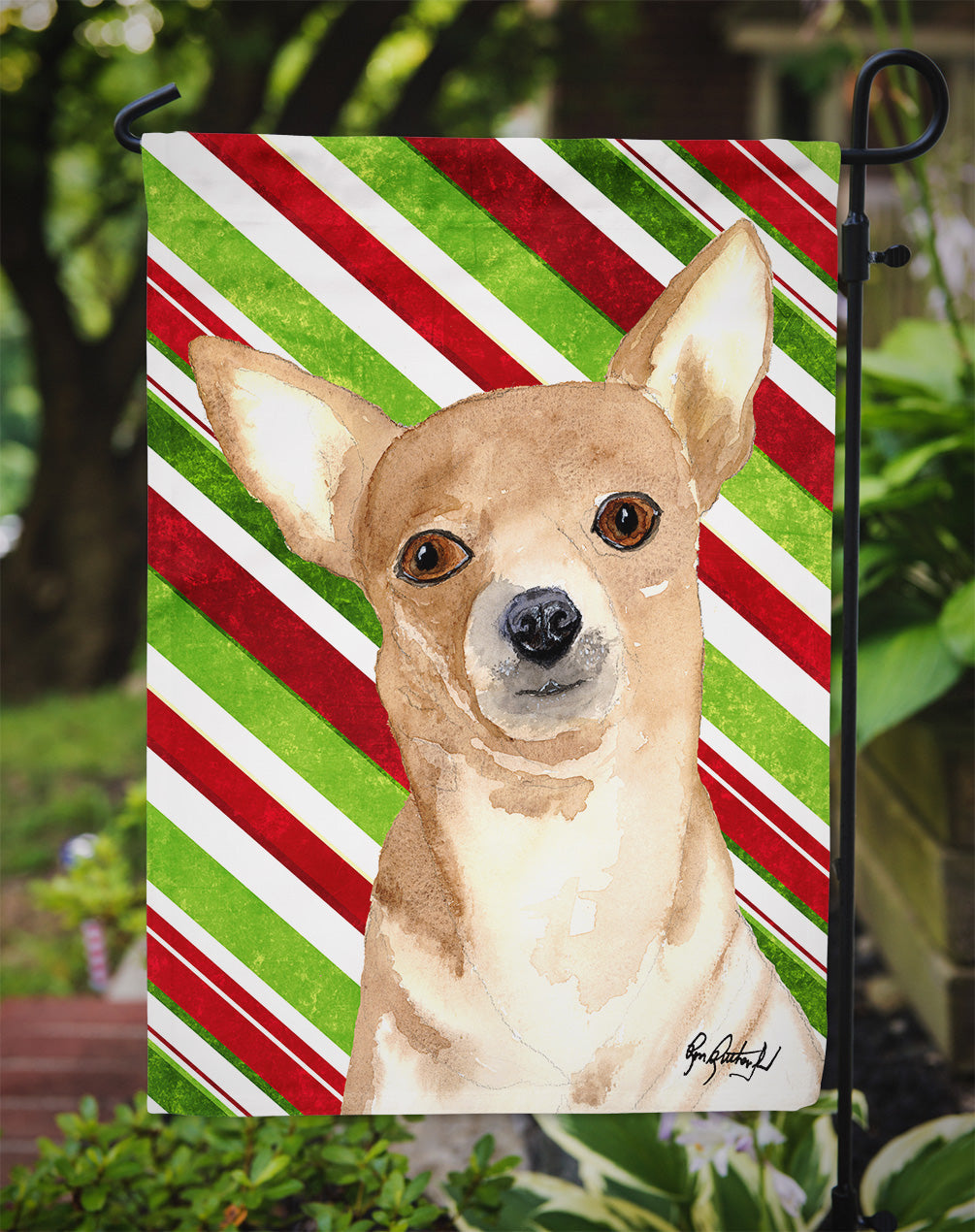 Candy Stripe Chihuahua Christmas Garden Flag – Decorative Outdoor Yard Flag RDR3010GF