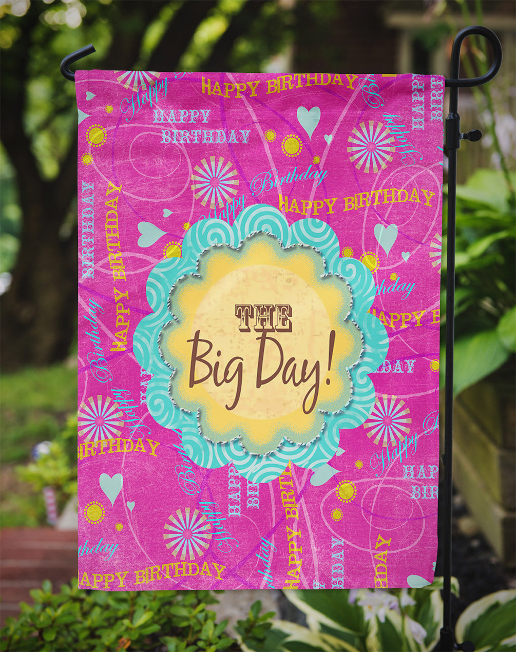 Happy Birthday The Big Day Pink Garden Flag – Decorative Outdoor Yard Flag