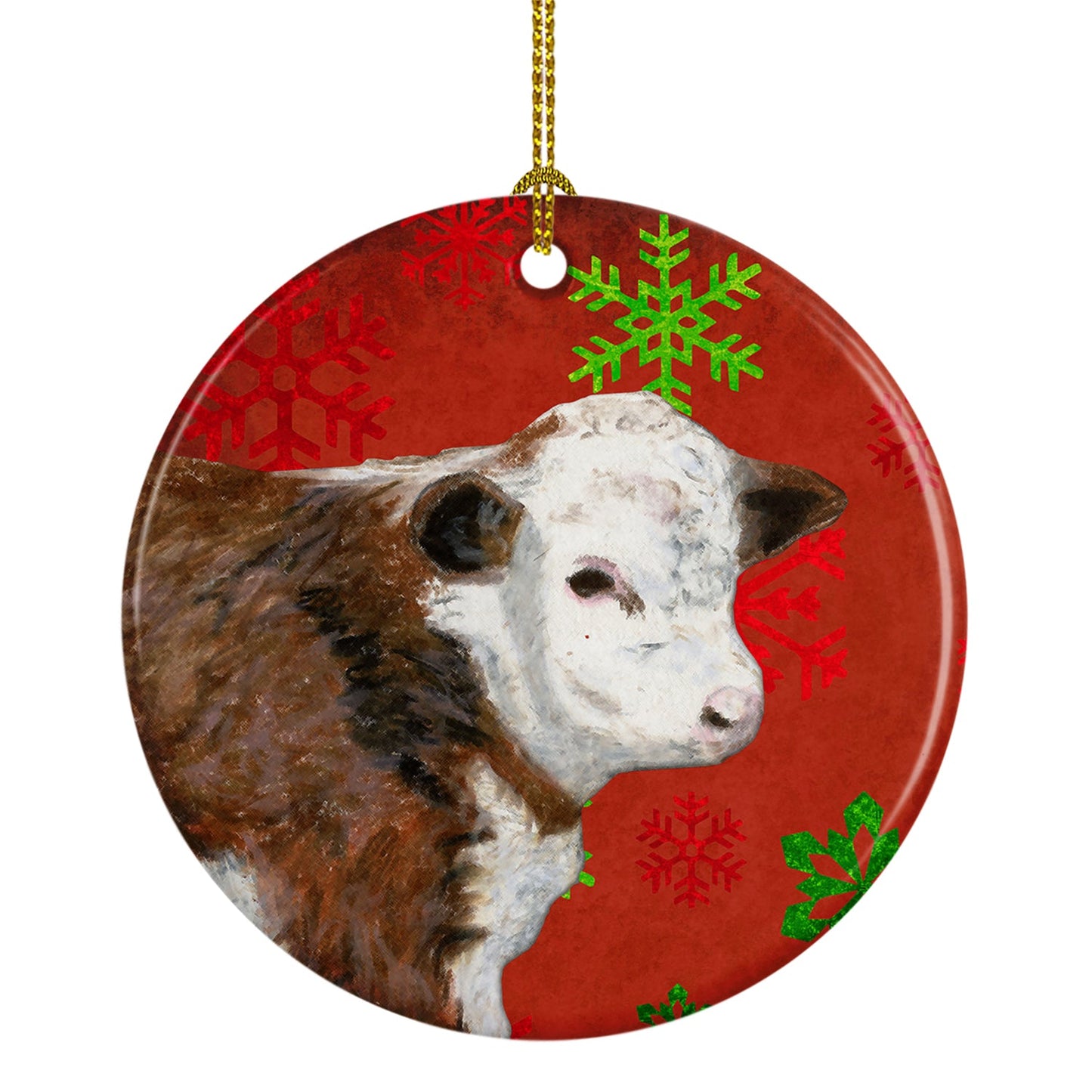 Baby Calf Red Snowflakes Holiday Christmas Ceramic Ornament SB3122CO1