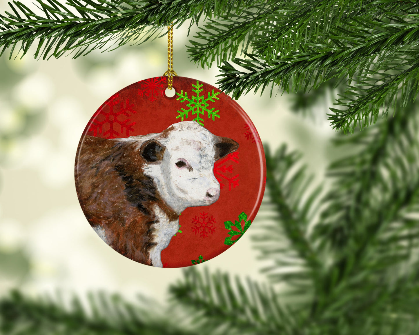 Baby Calf Red Snowflakes Holiday Christmas Ceramic Ornament SB3122CO1